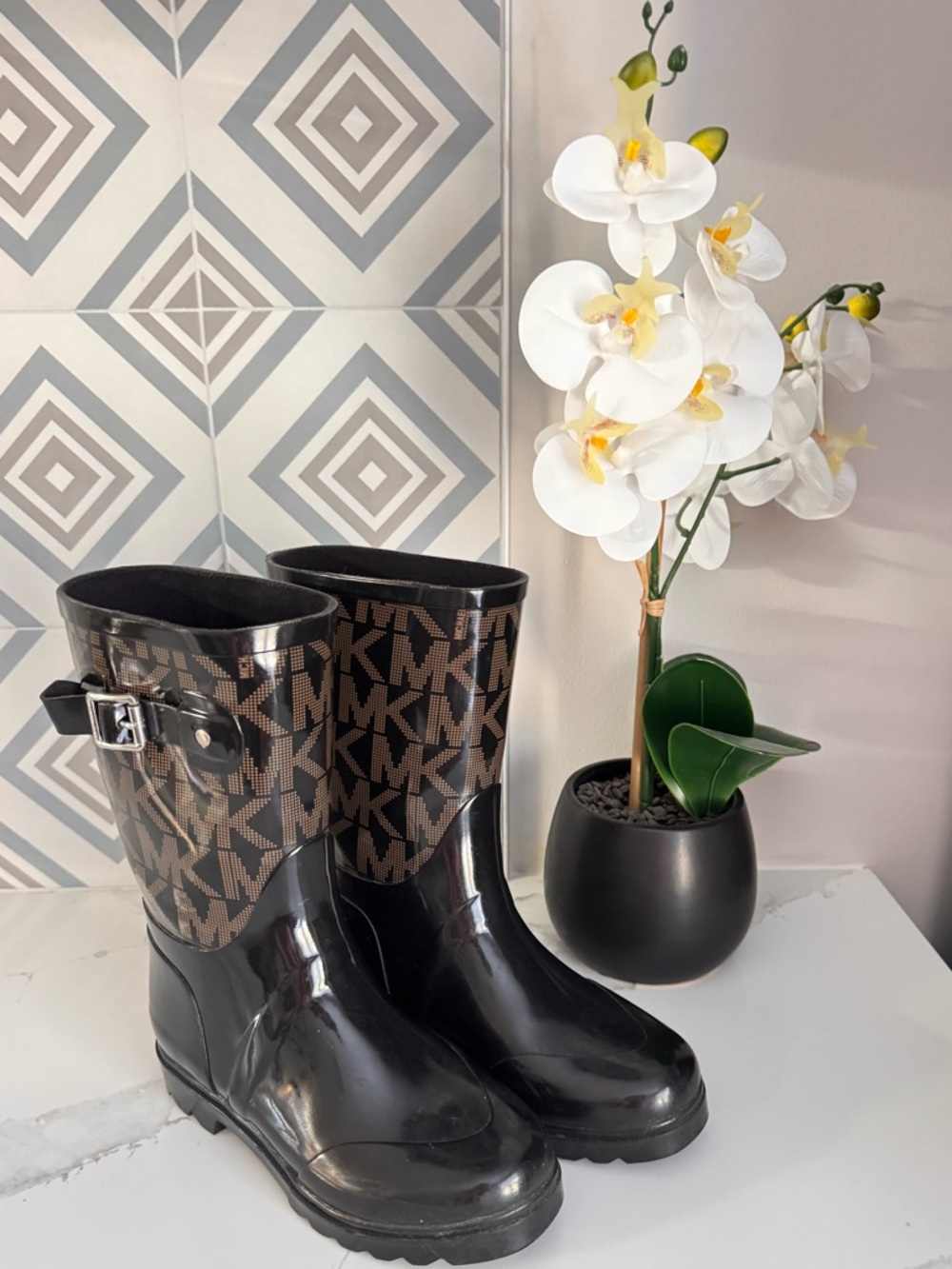 Michael Kors Black & Brown MK Logo Rain Boots